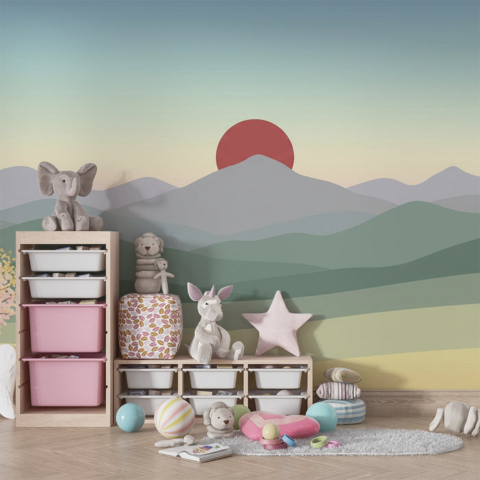 Dětská pokojová tapeta | Uklidňující krajina s horami a kvetoucími sakurami