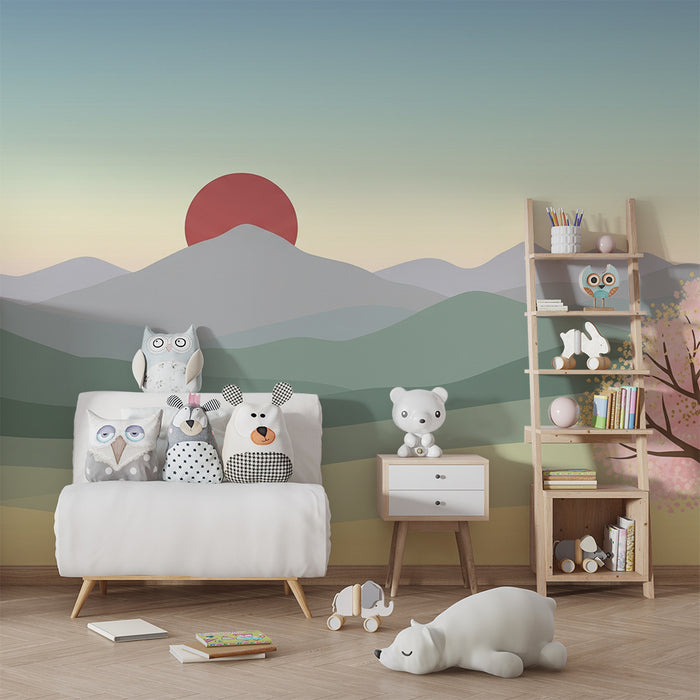 Dětská pokojová tapeta | Uklidňující krajina s horami a kvetoucími sakurami