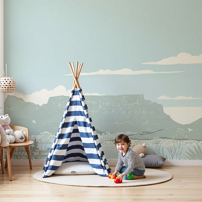 Behang kinderkamer | Rustgevend landschap met bergen en blauwe lucht