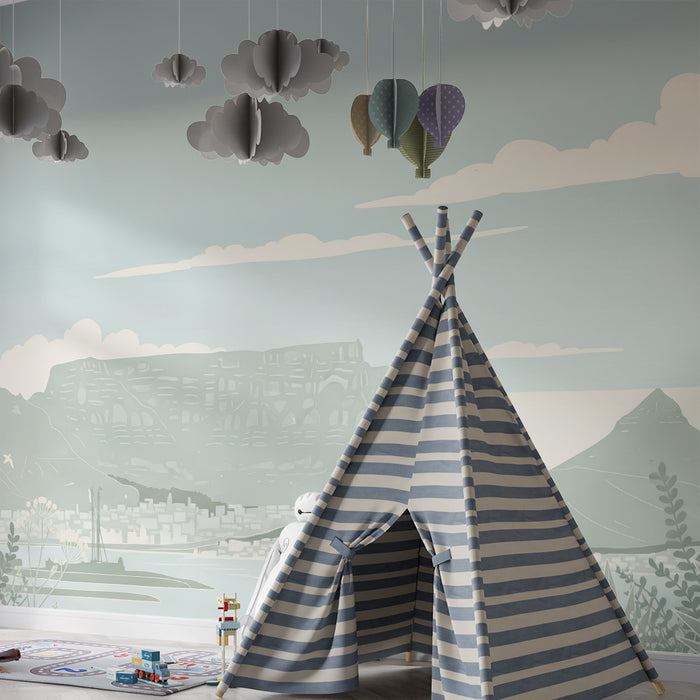 Behang kinderkamer | Rustgevend landschap met bergen en blauwe lucht