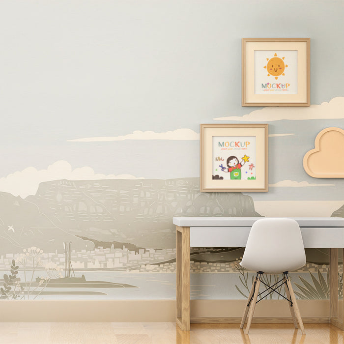 Behang kinderkamer | Rustgevend landschap met bergen en blauwe lucht