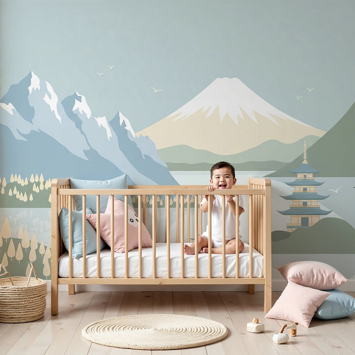 Papel de parede para quarto infantil | Paisagem serena com montanhas e pagode