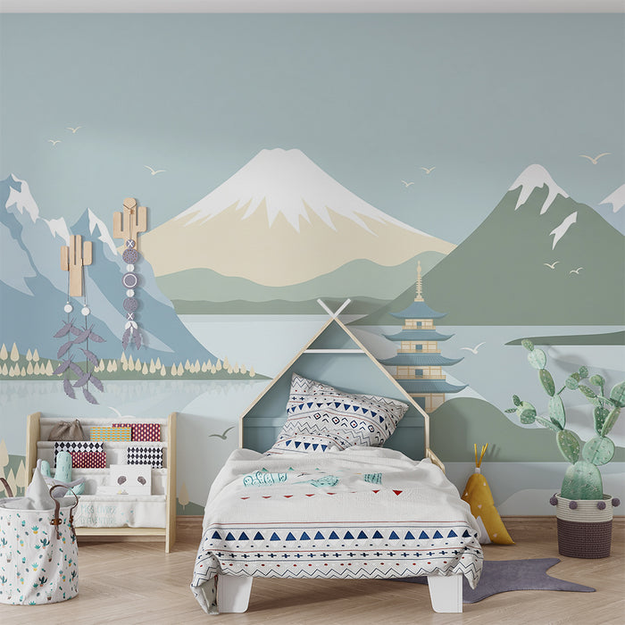 Papel de parede para quarto infantil | Paisagem serena com montanhas e pagode