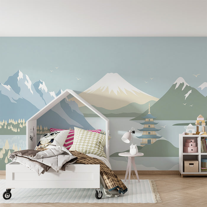 Papel de parede para quarto infantil | Paisagem serena com montanhas e pagode