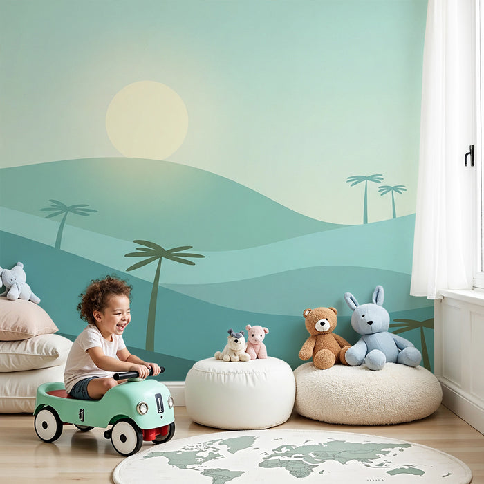 Carta da parati bambini | Paesaggio rilassante con palme e dolci colline