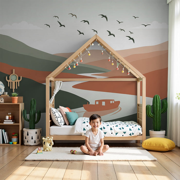 Papel pintado infantil | Paisaje tranquilo con río y montañas estilizadas