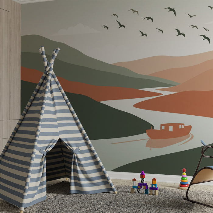 Papel pintado infantil | Paisaje tranquilo con río y montañas estilizadas
