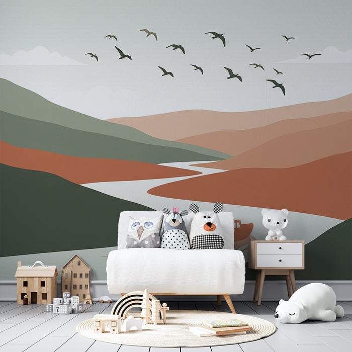 Papel pintado infantil | Paisaje tranquilo con río y montañas estilizadas