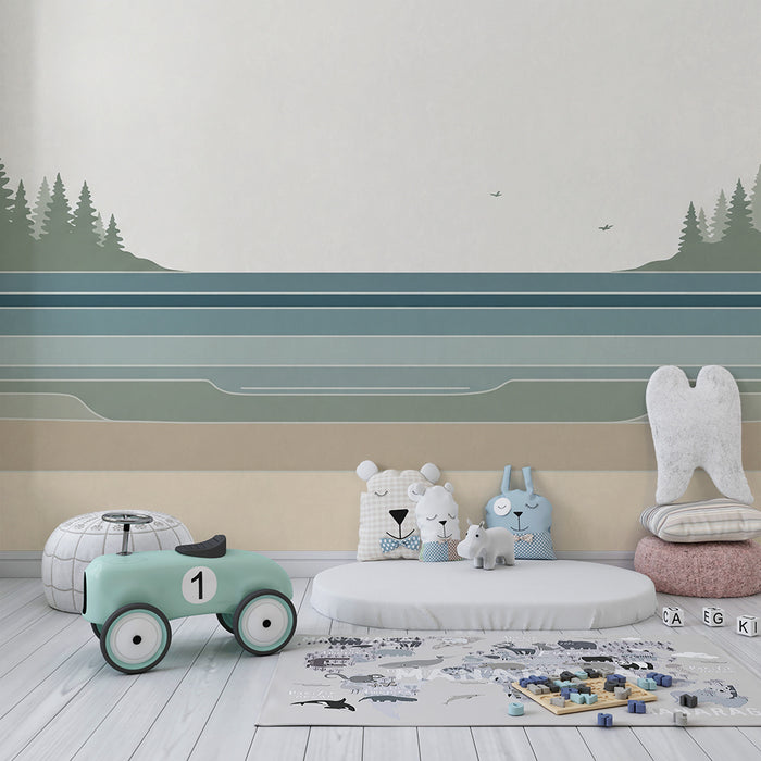 Papel pintado infantil | Paisaje sereno de lago y bosque