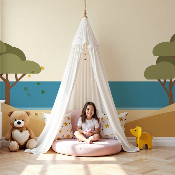 Papier peint chambre enfant | Paysage apaisant entre mer et arbres stylisés