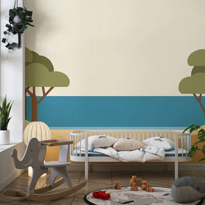 Papier peint chambre enfant | Paysage apaisant entre mer et arbres stylisés