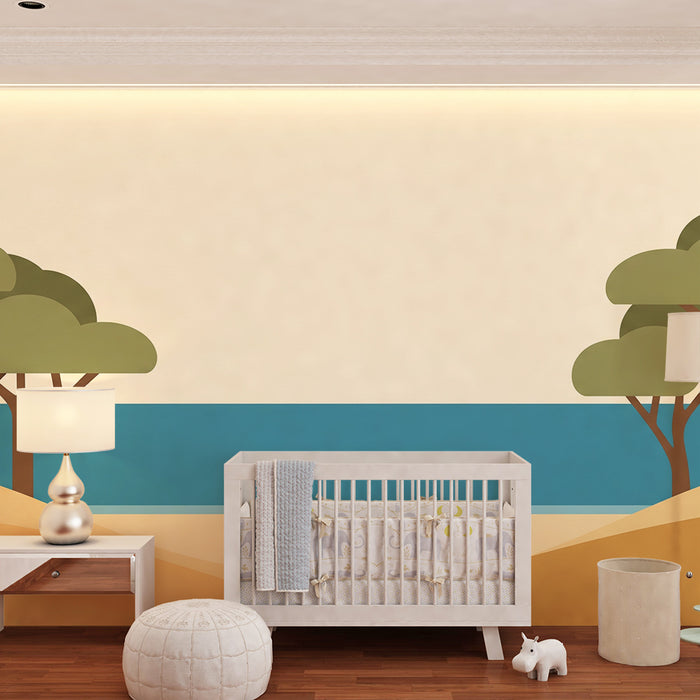 Papier peint chambre enfant | Paysage apaisant entre mer et arbres stylisés