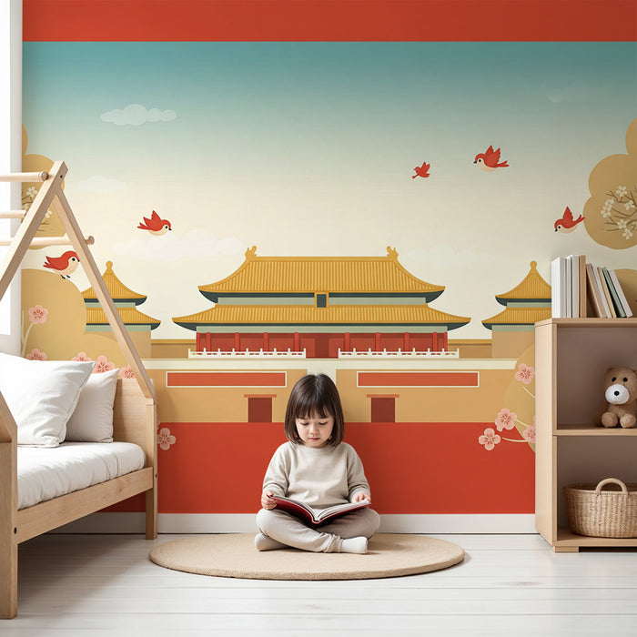 Papel de parede para quarto infantil | Paisagem asiática com pássaros e flores