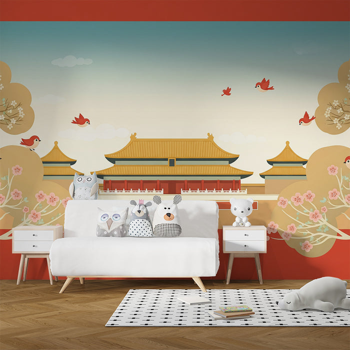 Papel de parede para quarto infantil | Paisagem asiática com pássaros e flores