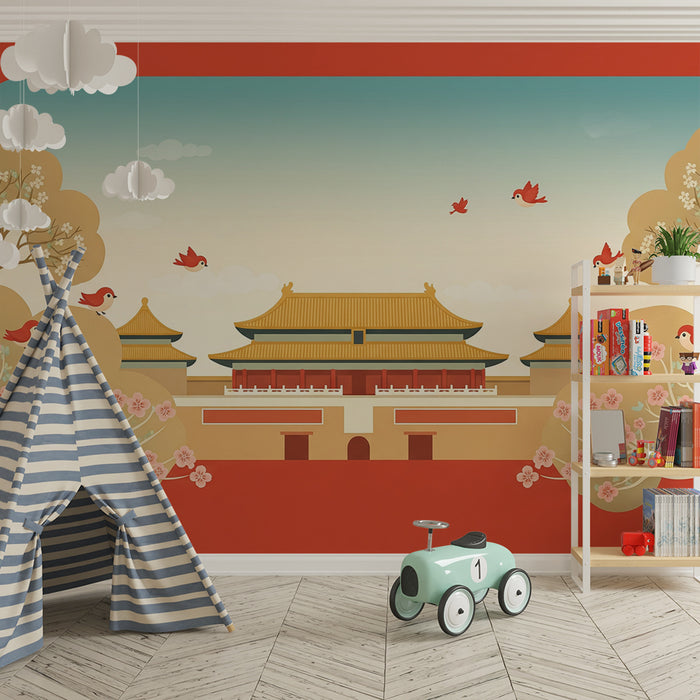 Papel de parede para quarto infantil | Paisagem asiática com pássaros e flores