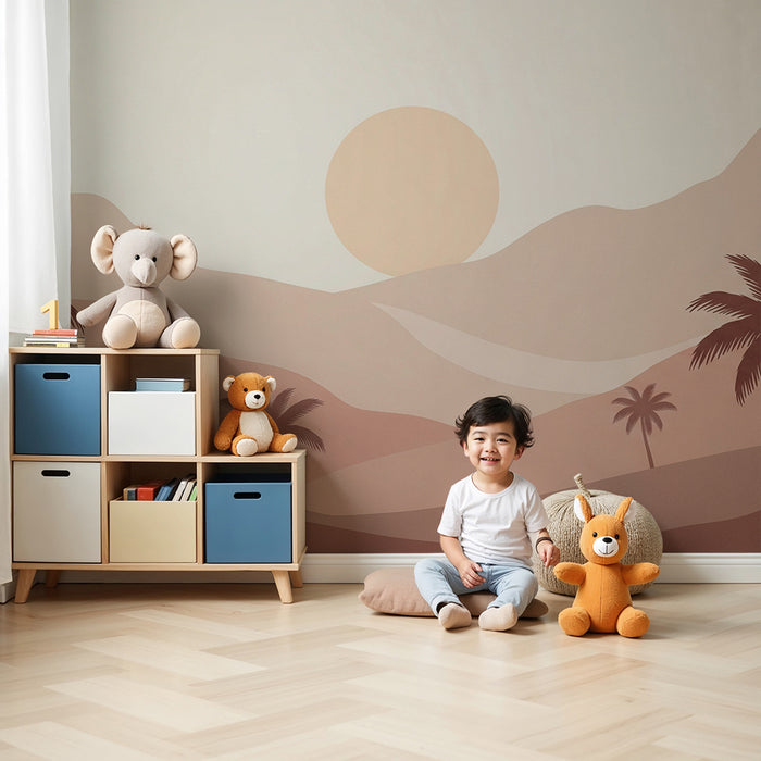 Papel de parede criança | Bež in terakota krajina s palmami in zahajajočim soncem