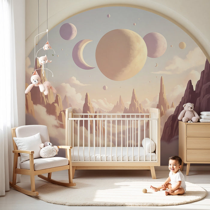 Papier peint chambre enfant | Paysage céleste avec planètes et montagnes mystérieuses