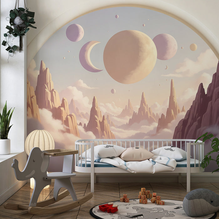 Papier peint chambre enfant | Paysage céleste avec planètes et montagnes mystérieuses