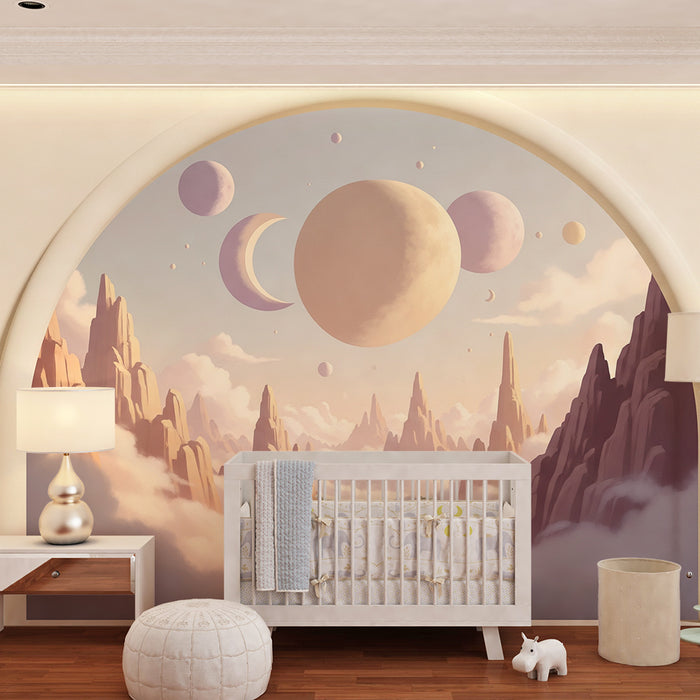 Papier peint chambre enfant | Paysage céleste avec planètes et montagnes mystérieuses