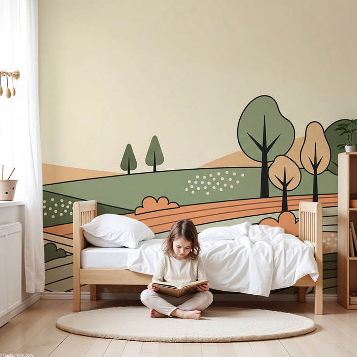 Children's bedroom wallpaper | Gentle countryside landscape in soft, calming colors