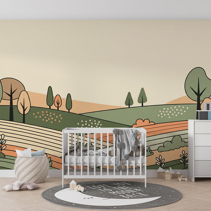 Children's bedroom wallpaper | Gentle countryside landscape in soft, calming colors