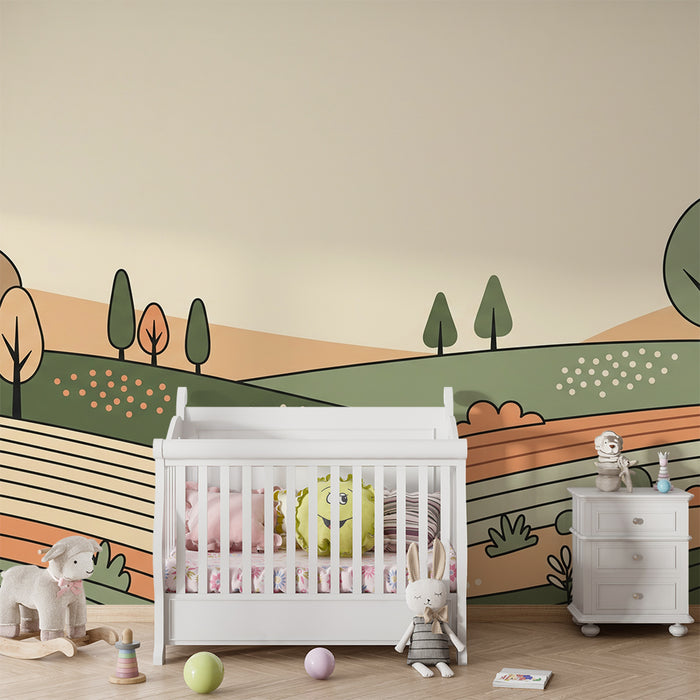 Children's bedroom wallpaper | Gentle countryside landscape in soft, calming colors
