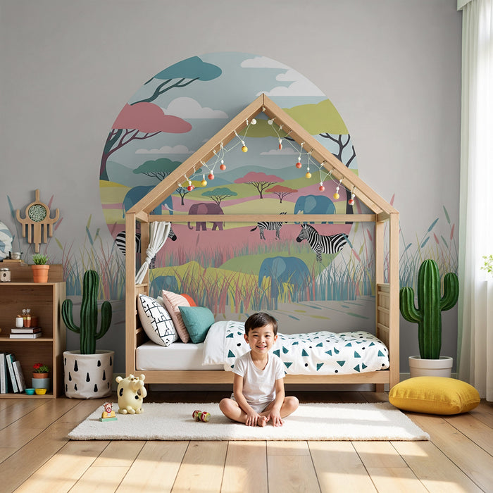 Tapet za detska staia | Tsveten peizazh s's slonove i zebri v savanata