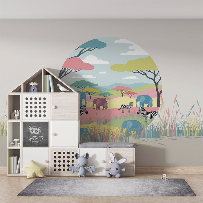 Tapet za detska staia | Tsveten peizazh s's slonove i zebri v savanata