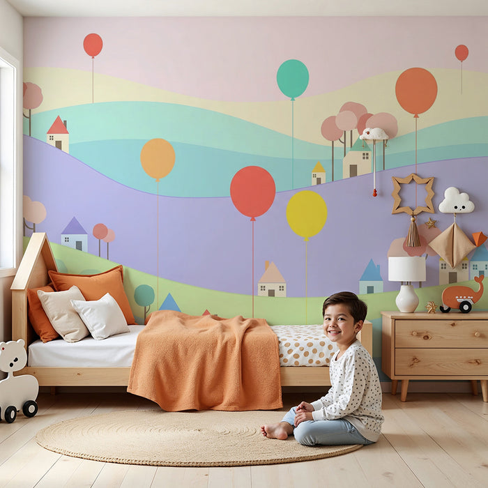 Papel de parede criança | Paisagem colorida com casas e balões