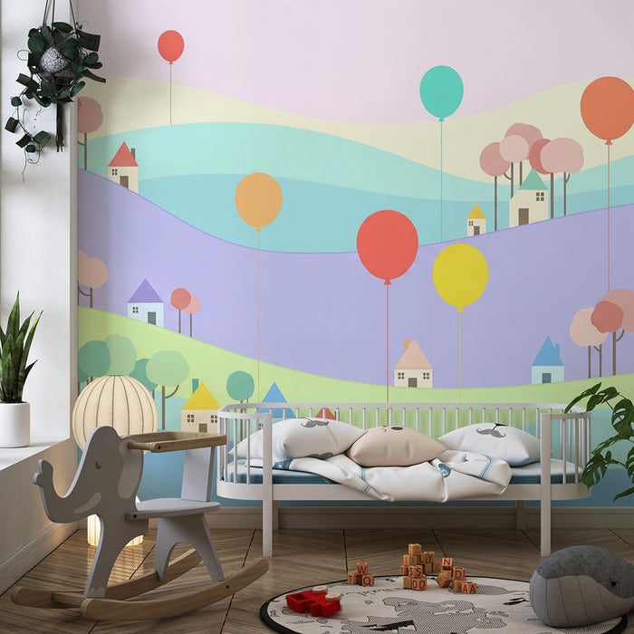 Papel de parede criança | Paisagem colorida com casas e balões