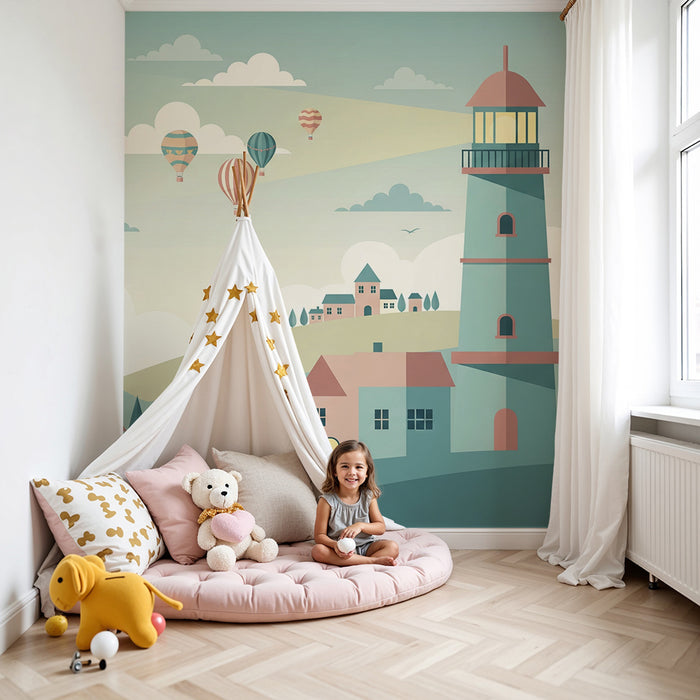 Carta da parati bambini | Paesaggio colorato con case e mongolfiere