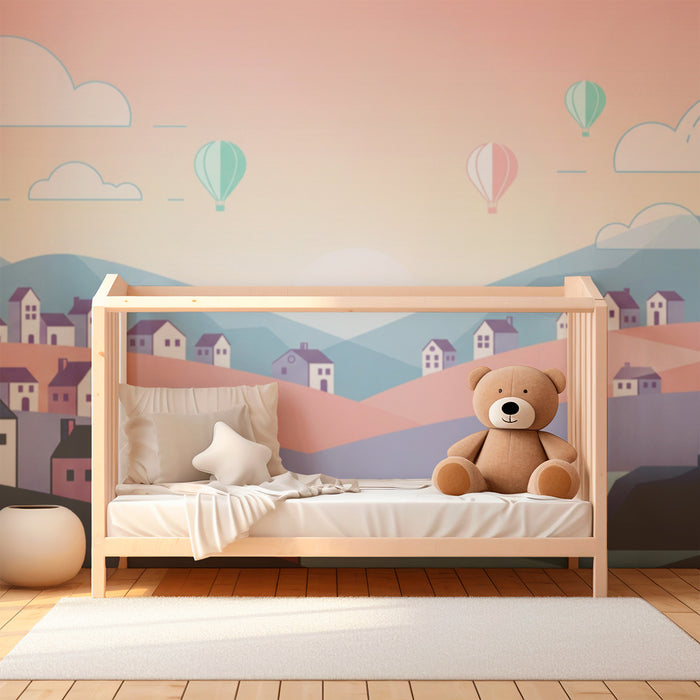Papel de parede criança | Paisagem colorida com casas e balões de ar quente em degradê de cores
