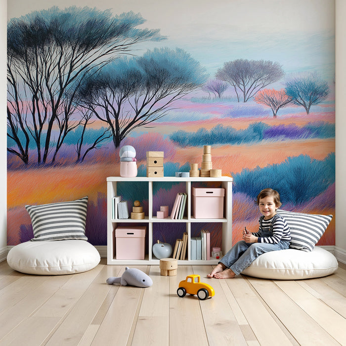 Kinderzimmer Tapete | Bunte Landschaft mit Feldern und Bäumen in Pastellfarben