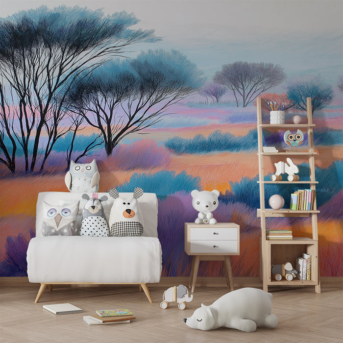 Kinderzimmer Tapete | Bunte Landschaft mit Feldern und Bäumen in Pastellfarben