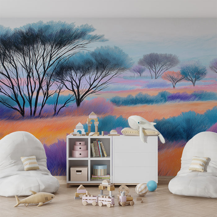Kinderzimmer Tapete | Bunte Landschaft mit Feldern und Bäumen in Pastellfarben