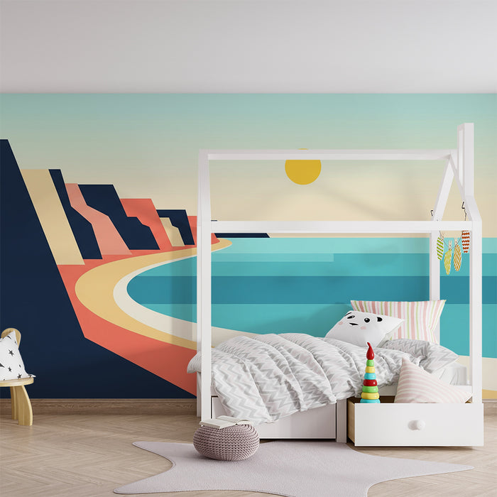 Papel pintado infantil | Paisaje costero abstracto con sol y olas