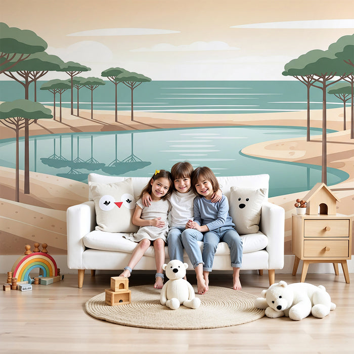Tapete Kinderzimmer | Beruhigende Küstenlandschaft mit Bäumen und Wasser