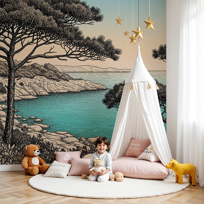 Kinderkamer behang | Rustgevend kustlandschap met bomen en turquoise zee