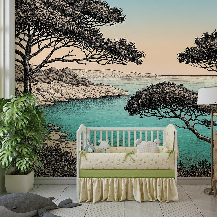 Kinderkamer behang | Rustgevend kustlandschap met bomen en turquoise zee