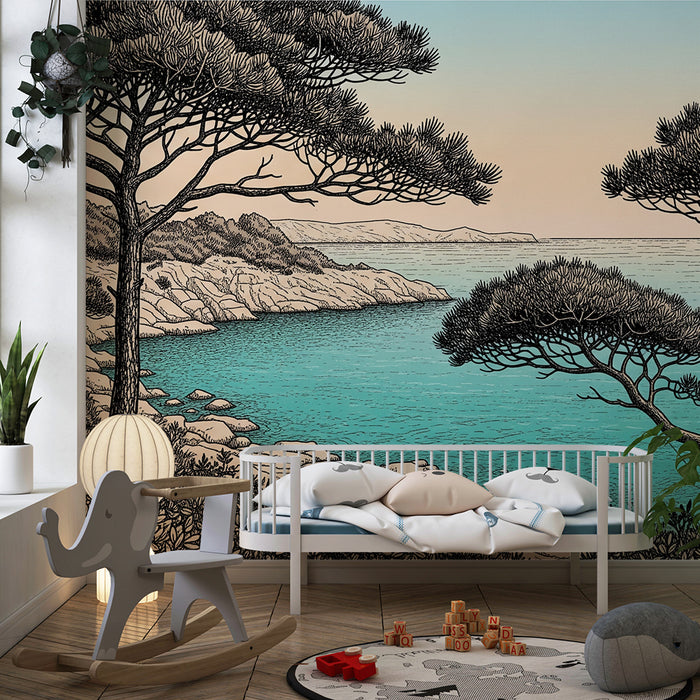 Kinderkamer behang | Rustgevend kustlandschap met bomen en turquoise zee