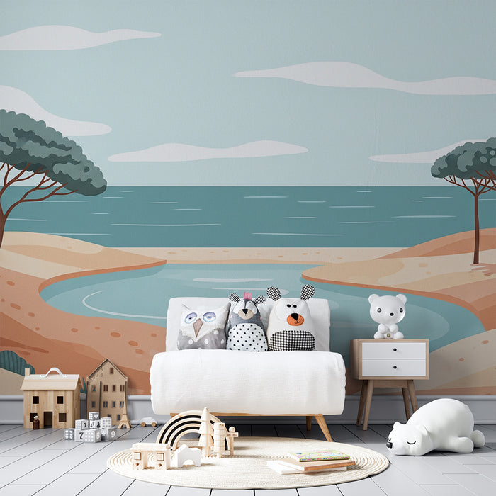 Kids' room wallpaper | Soothing coastal landscape with sea and trees