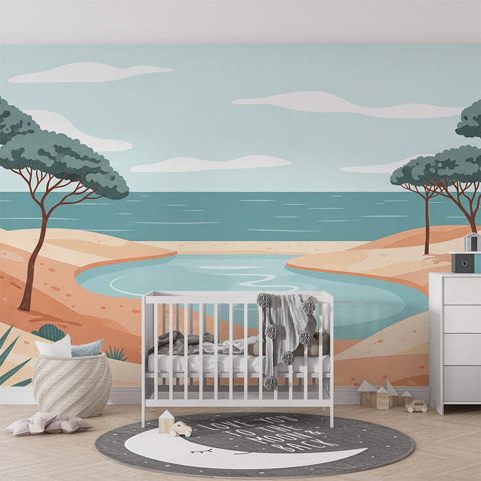 Kids' room wallpaper | Soothing coastal landscape with sea and trees