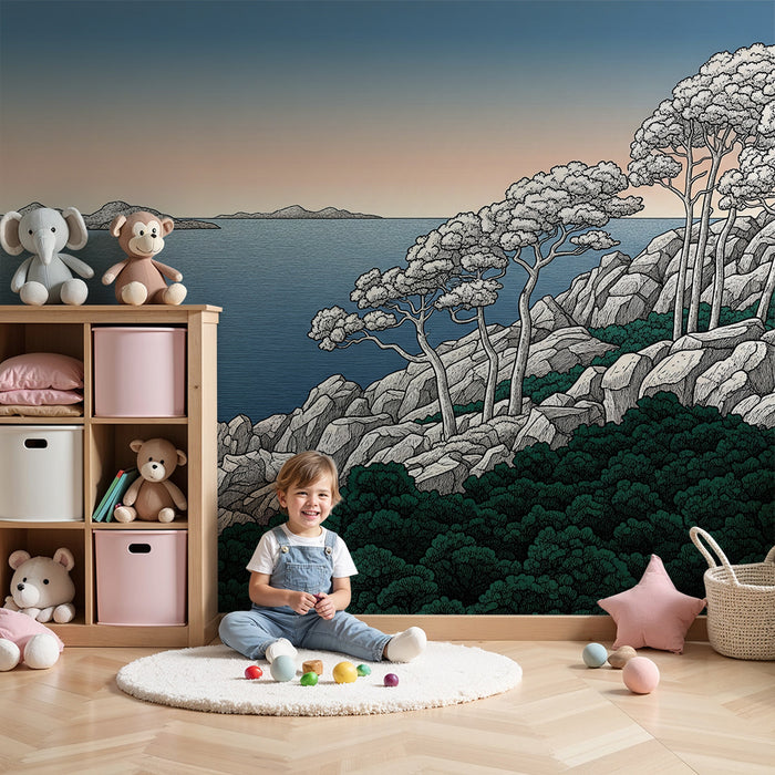 Carta da parati bambini | Paesaggio costiero con alberi e mare calmo