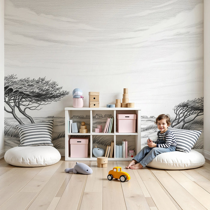 Behang kinderkamer | Kustlandschap met scheve bomen en zandduinen