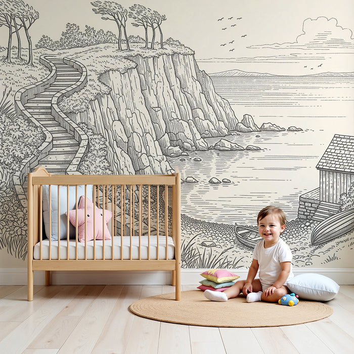 Papel pintado infantil | Paisaje costero con escaleras y cabaña de madera
