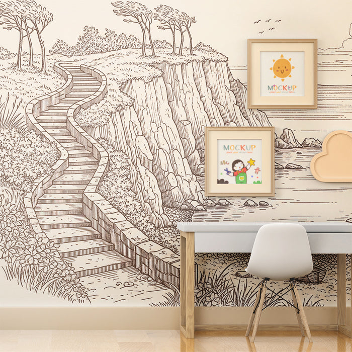 Papel pintado infantil | Paisaje costero con escaleras y cabaña de madera