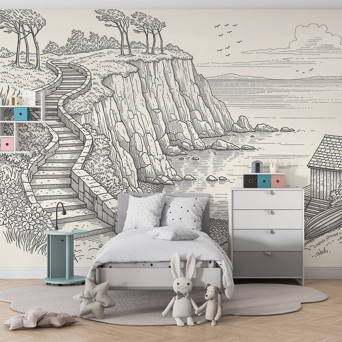 Papel pintado infantil | Paisaje costero con escaleras y cabaña de madera