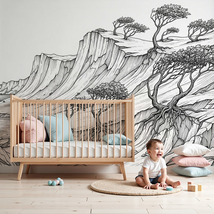 Behang kinderkamer | Gestileerd kustlandschap met kliffen en bomen