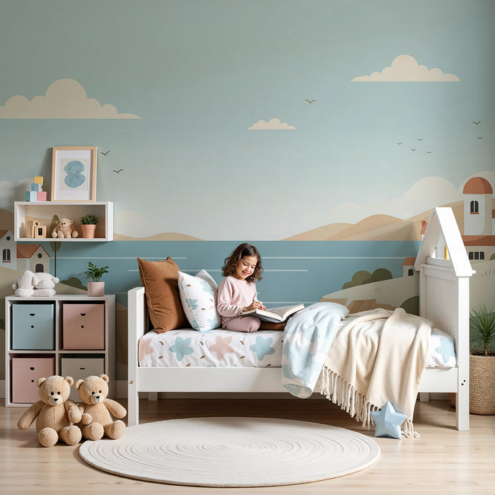 Papier peint chambre enfant | Paysage côtier avec maisons blanches et collines douces