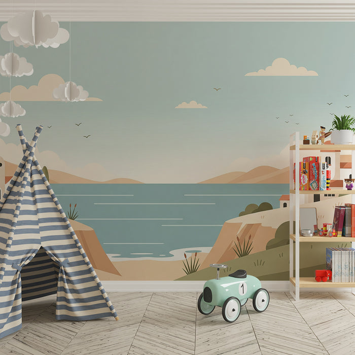 Papier peint chambre enfant | Paysage côtier avec maisons blanches et collines douces